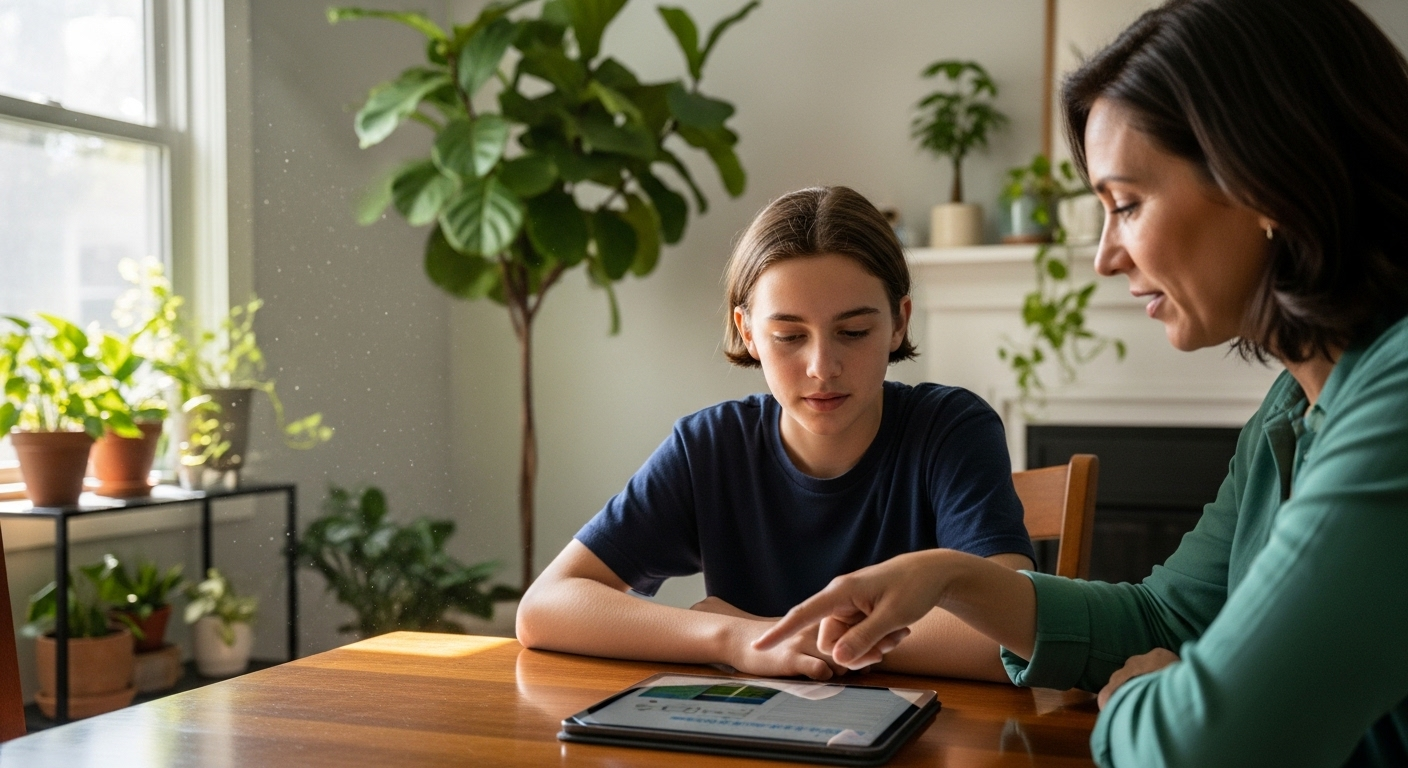 Người lớn tận tình hướng dẫn học sinh tìm hiểu về cách kiếm tiền online cho học sinh không cần vốn trên máy tính bảng trong phòng khách ấm cúng.