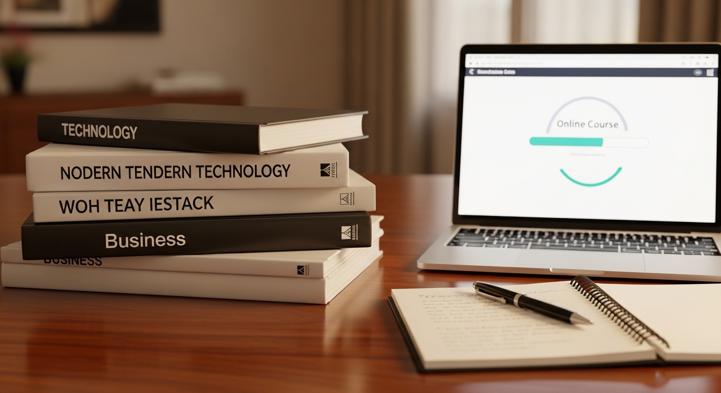 Laptop hiển thị khóa học online, cạnh chồng sách công nghệ và kinh doanh, cùng bút và sổ ghi chép, tạo không gian lý tưởng để học tập và phát triển kỹ năng kiếm tiền online.