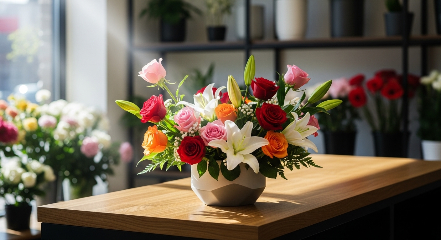 Bình hoa hồng và hoa ly rực rỡ cắm tinh tế trên quầy gỗ trong tiệm hoa hiện đại. Nghề cắm hoa là một nghề dễ kiếm tiền.