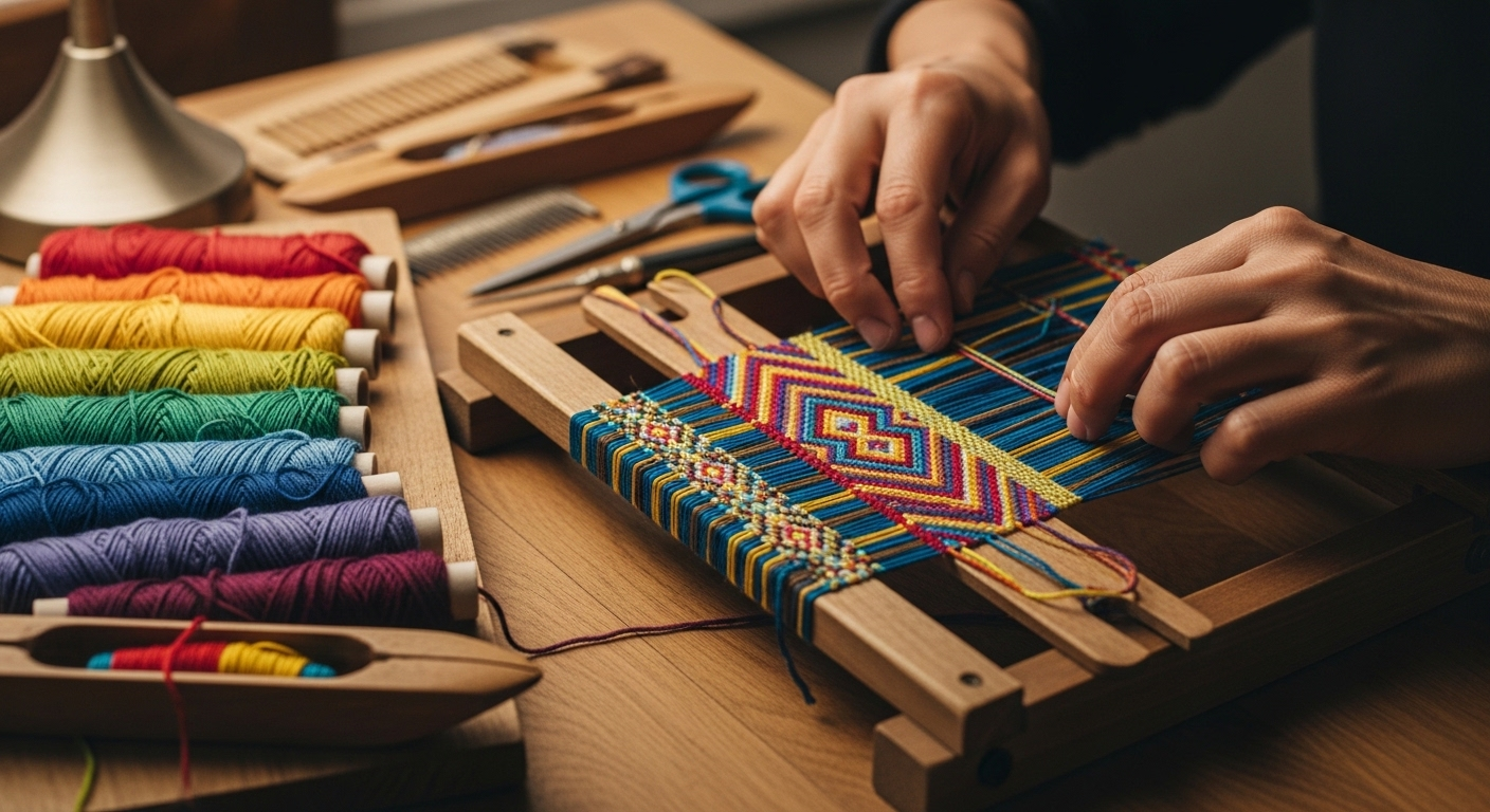Cận cảnh bàn tay khéo léo dệt những sợi chỉ màu sắc trên khung cửi nhỏ, tạo ra hoạ tiết vải tinh xảo. Đây là nghề thủ công sáng tạo giúp kiếm tiền tại nhà. Cận cảnh bàn tay khéo léo dệt những sợi chỉ màu sắc trên khung cửi nhỏ, tạo ra hoạ tiết vải tinh xảo. Đây là nghề thủ công sáng tạo giúp kiếm tiền tại nhà.