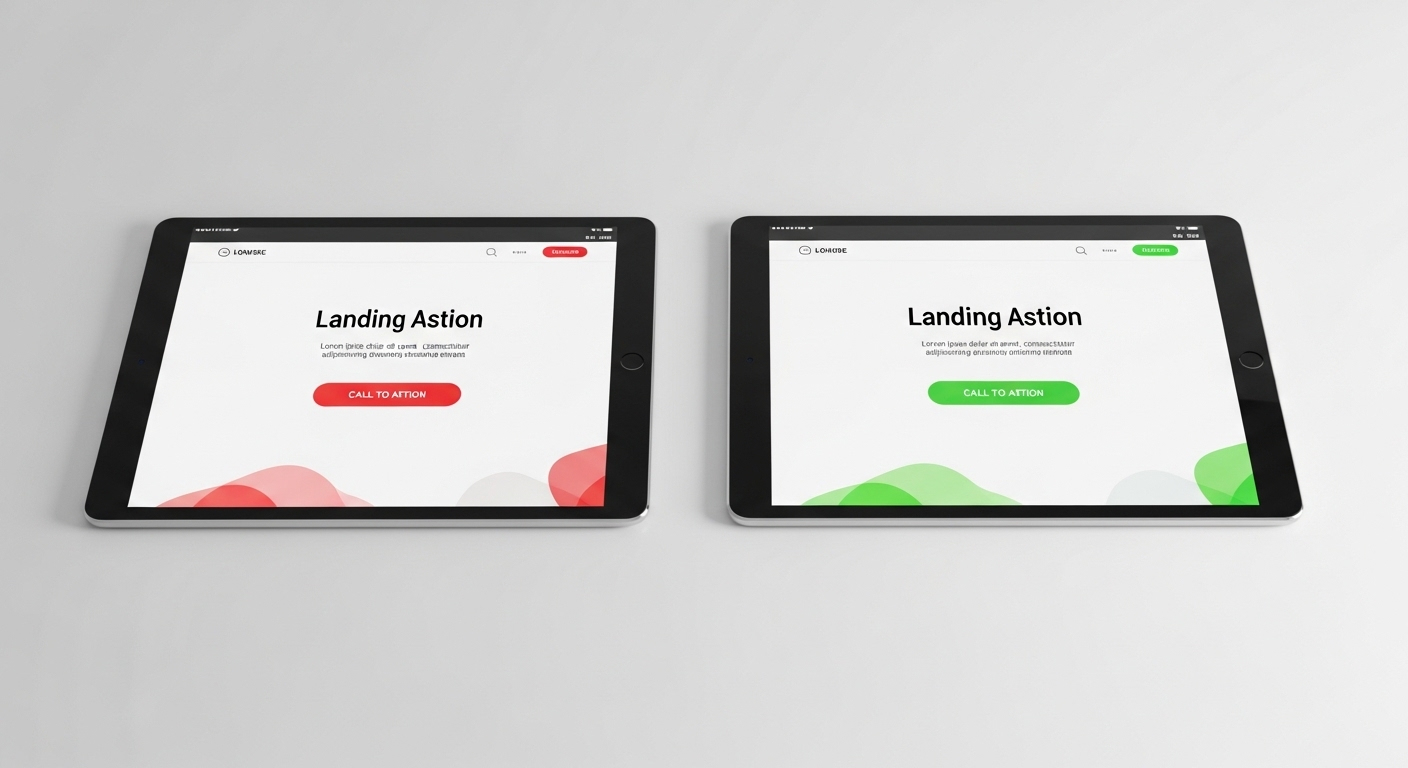Hai màn hình máy tính bảng hiển thị các bố cục Landing Page khác nhau (nút CTA đỏ và xanh lá), minh họa cách tối ưu Landing Page Facebook để tăng chuyển đổi.