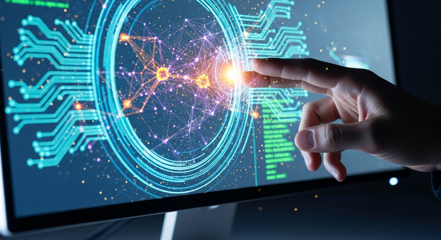 Bàn tay tương tác hình chiếu holographic AI từ màn hình máy tính, hiển thị mã và thiết kế, minh họa việc kiếm tiền từ công nghệ qua sáng tạo số.