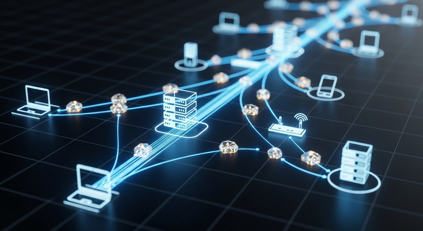 Trực quan hóa kỹ thuật số luồng dữ liệu mạng với các đường màu xanh phát sáng nối máy chủ và thiết bị, minh họa sự truyền tải dữ liệu – khái niệm chính trong Cách Ping địa chỉ IP.