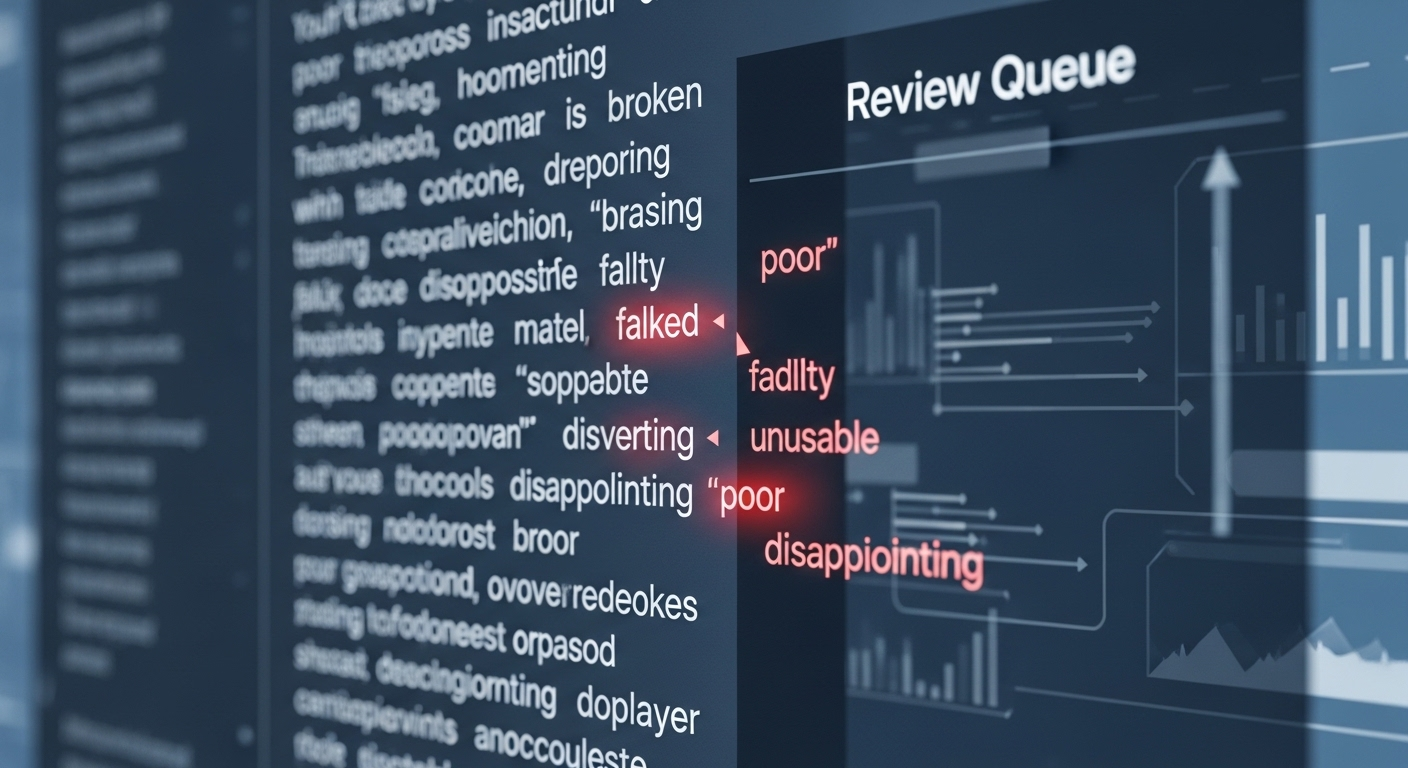 văn bản được lọc tự động, từ khóa bị đánh dấu chuyển vào hàng đợi xem xét.