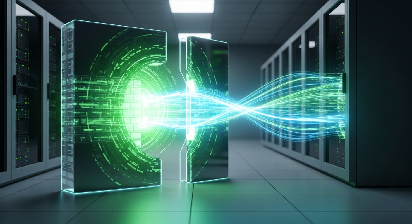 Cổng tường lửa kỹ thuật số mở, dữ liệu chảy mượt mà tới tủ máy chủ trong trung tâm dữ liệu, minh họa việc bật Ping/ICMP VPS Windows Server để đảm bảo kết nối thông suốt.