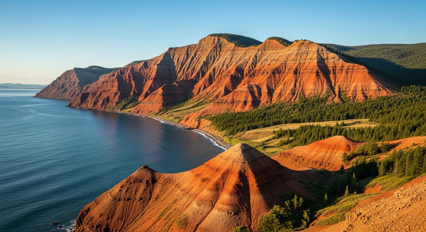 núi đất nung đa tầng màu cam đỏ rực rỡ bên biển xanh biếc, cùng rừng thưa trên sườn dốc. Một thế giới lý tưởng cho seed Minecraft tốt nhất để khám phá.