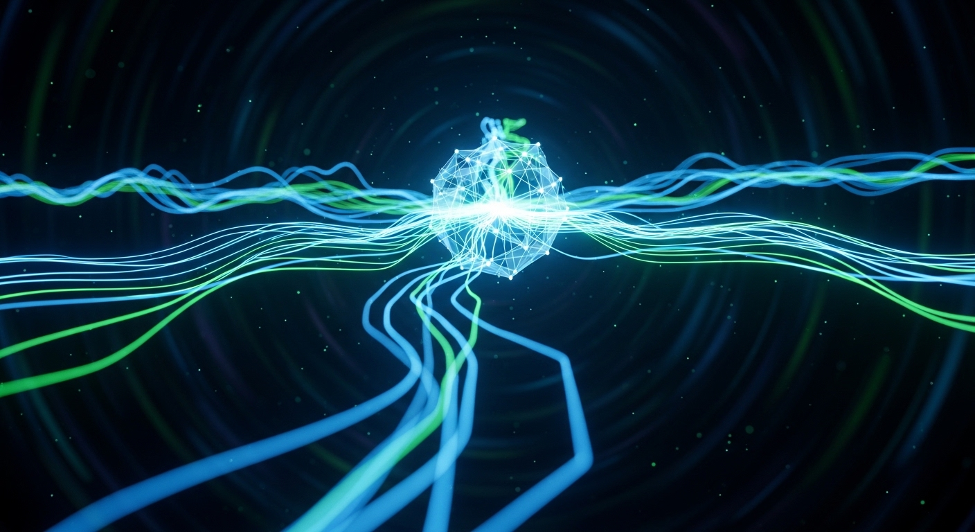 Trực quan hóa mạng dữ liệu IPv6 tốc độ cao với các đường ánh sáng xanh lam và xanh lục rực rỡ, lý tưởng để tạo proxy ipv6 trên vps hiệu quả.