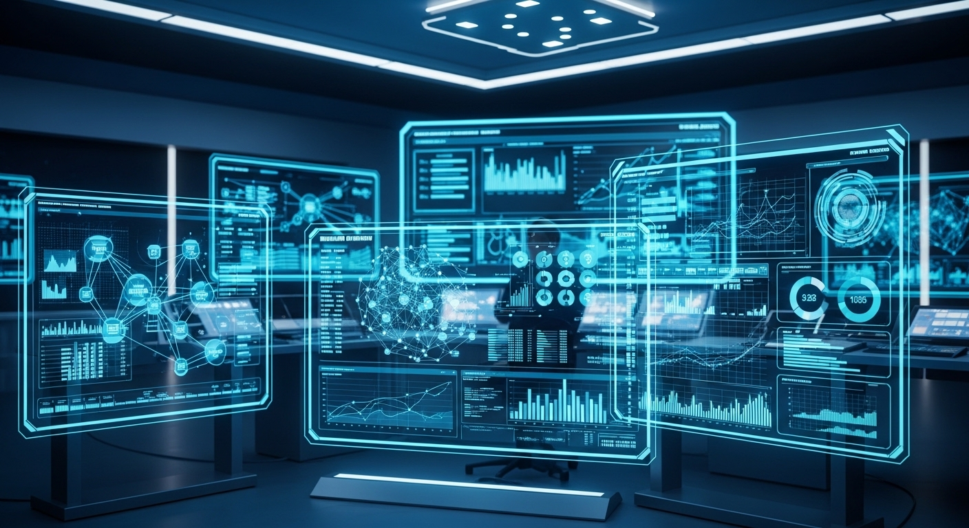 Phòng điều khiển tương lai với màn hình hologram hiển thị phân tích dữ liệu kinh doanh thời gian thực. Ánh sáng xanh kỹ thuật số. Hình ảnh trực quan mạnh mẽ khi Không có nội dung bài viết. Phòng điều khiển tương lai với màn hình hologram hiển thị phân tích dữ liệu kinh doanh thời gian thực. Ánh sáng xanh kỹ thuật số. Hình ảnh trực quan mạnh mẽ khi Không có nội dung bài viết.