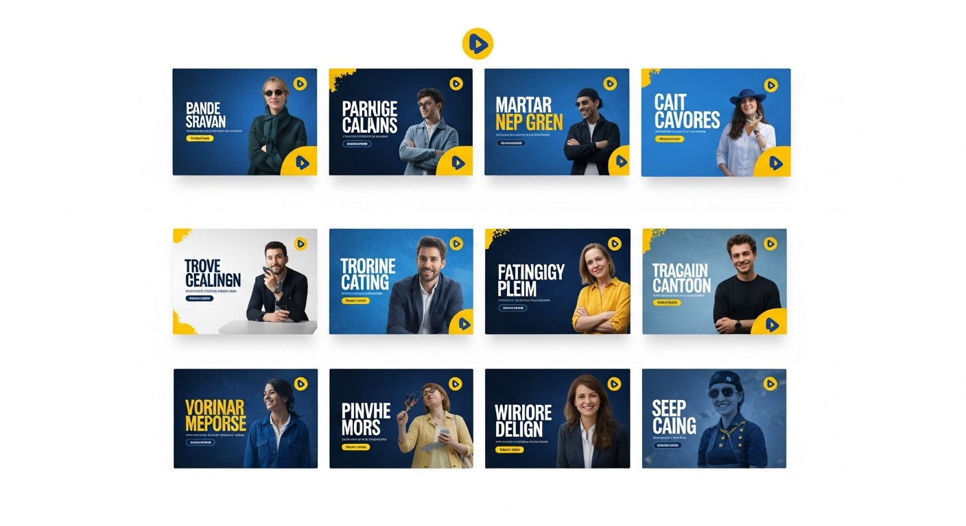 Lưới 12 thumbnail YouTube chuyên nghiệp, với màu xanh vàng chủ đạo, font chữ đồng nhất và logo kênh. Đây là ví dụ điển hình cho cách làm thumbnail YouTube hiệu quả, tạo sự nhất quán thương hiệu.