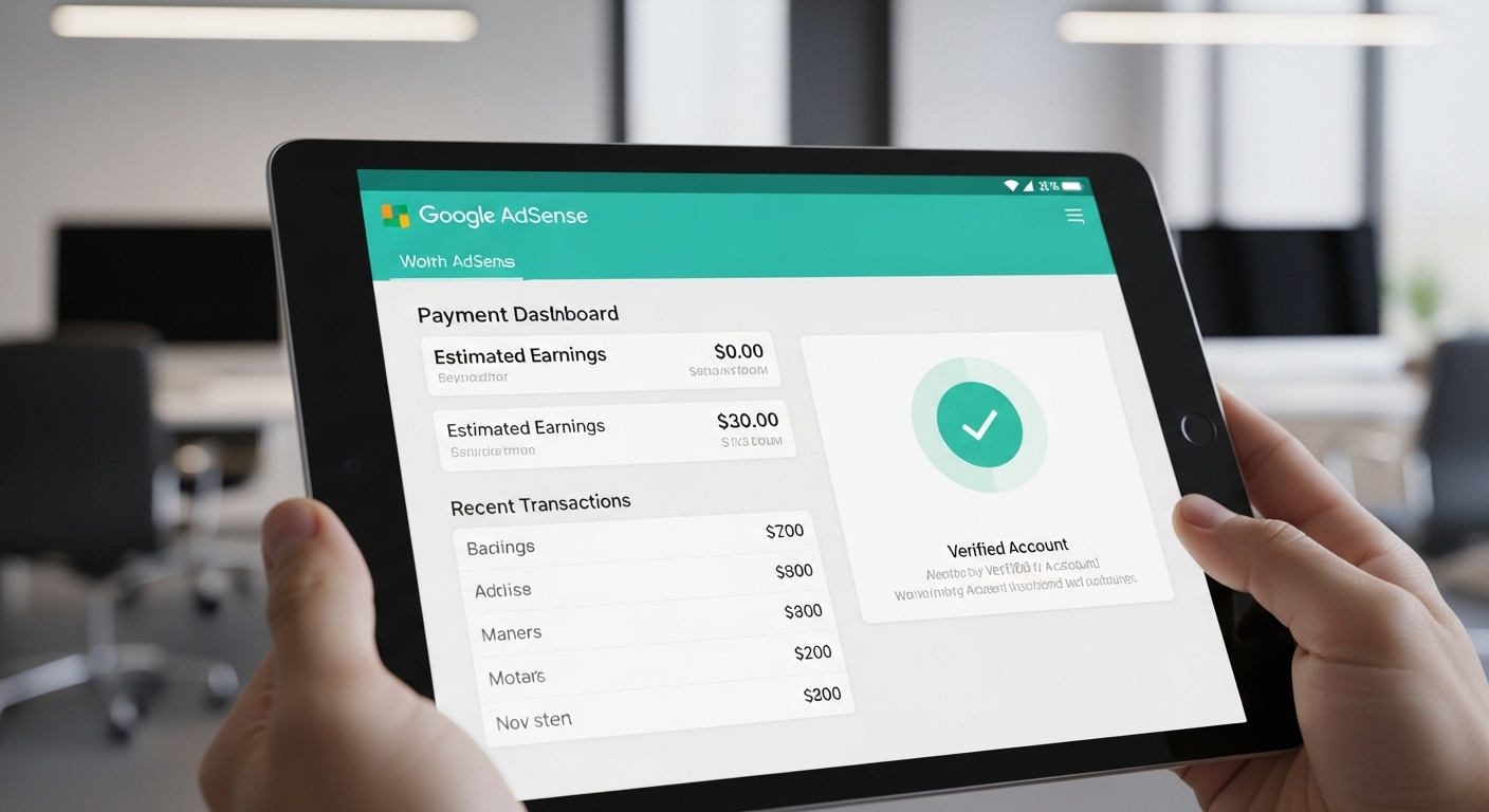 Màn hình máy tính bảng hiển thị bảng điều khiển Google AdSense với thông tin thanh toán và tài khoản đã xác minh, minh họa cách kiếm tiền trên YouTube và quản lý thu nhập.