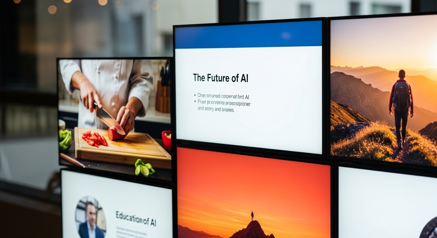 Các màn hình video kết nối hiển thị nội dung đa dạng (ẩm thực, giáo dục, du lịch), minh họa cách kiếm tiền trên Youtube với nhiều loại hình sáng tạo.