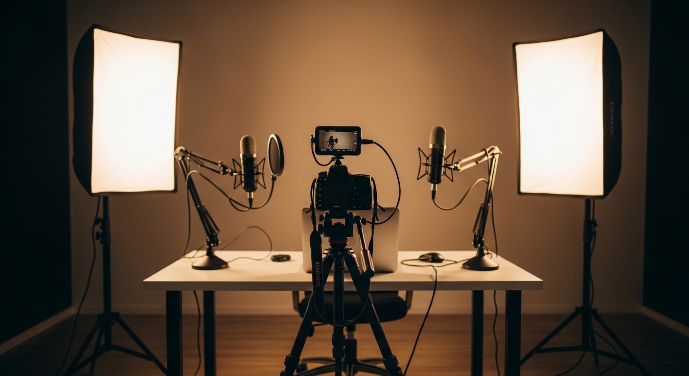 Phòng thu video hiện đại, tối giản với máy ảnh, micro, đèn softbox. Thiết bị lý tưởng để sản xuất nội dung chất lượng cao, hỗ trợ hiệu quả cho cách bật kiếm tiền YouTube.