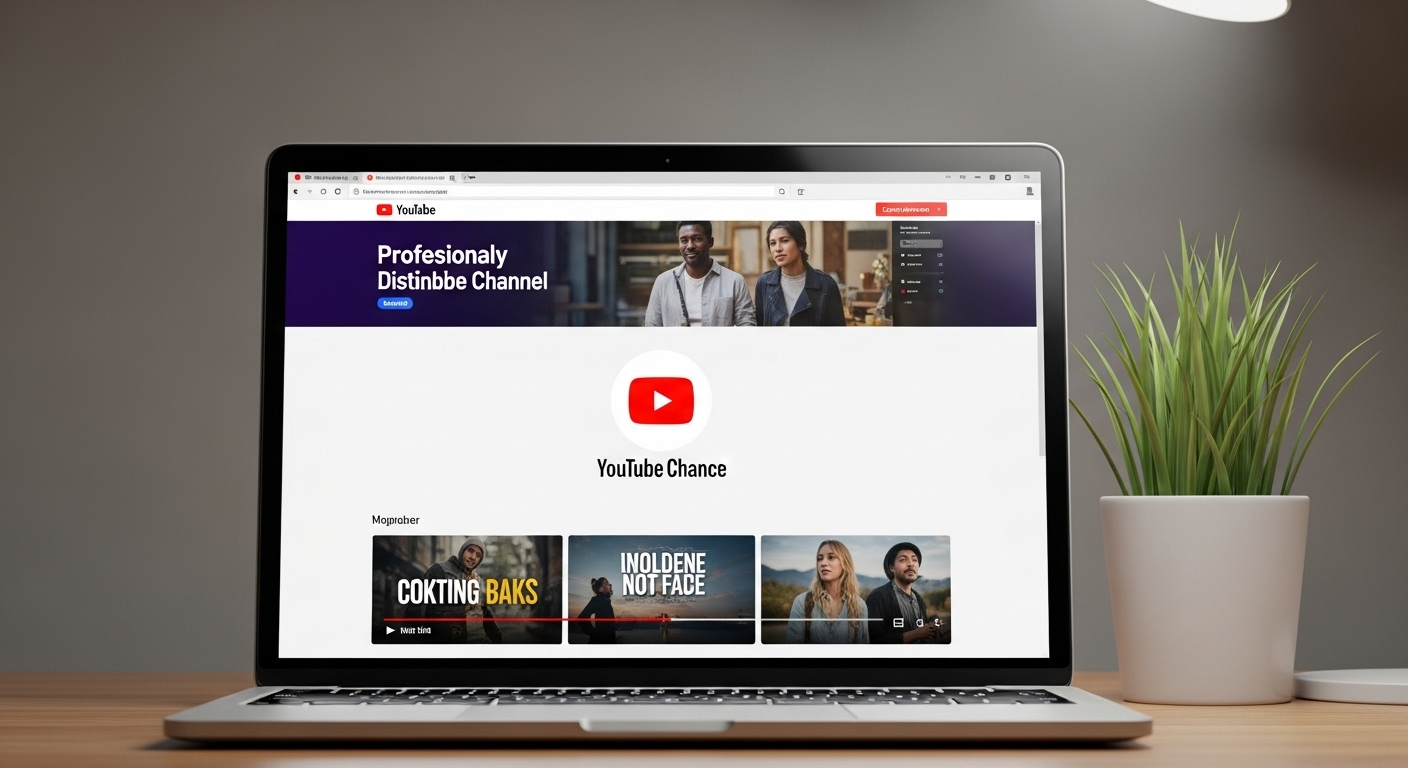 Màn hình laptop hiển thị trang chủ kênh YouTube chuyên nghiệp với banner và logo ấn tượng, minh họa cách làm kênh youtube hiệu quả và thu hút.
