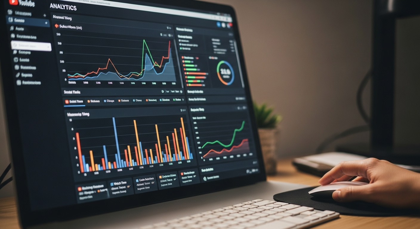 Màn hình máy tính hiển thị bảng điều khiển YouTube Analytics chi tiết với biểu đồ tăng trưởng người đăng ký, thời gian xem và tỷ lệ giữ chân khán giả. Một bàn tay đang thao tác chuột không dây để phân tích dữ liệu, minh họa việc tối ưu hóa cách tạo kênh YouTube kiếm tiền hiệu quả.