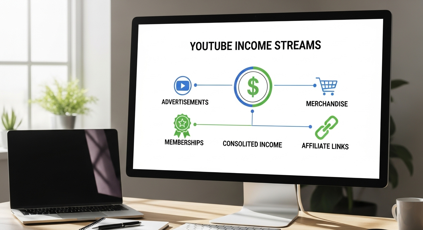 Sơ đồ infographic trên màn hình minh họa các cách kiếm tiền YouTube qua quảng cáo, thành viên kênh, sản phẩm và liên kết tiếp thị.