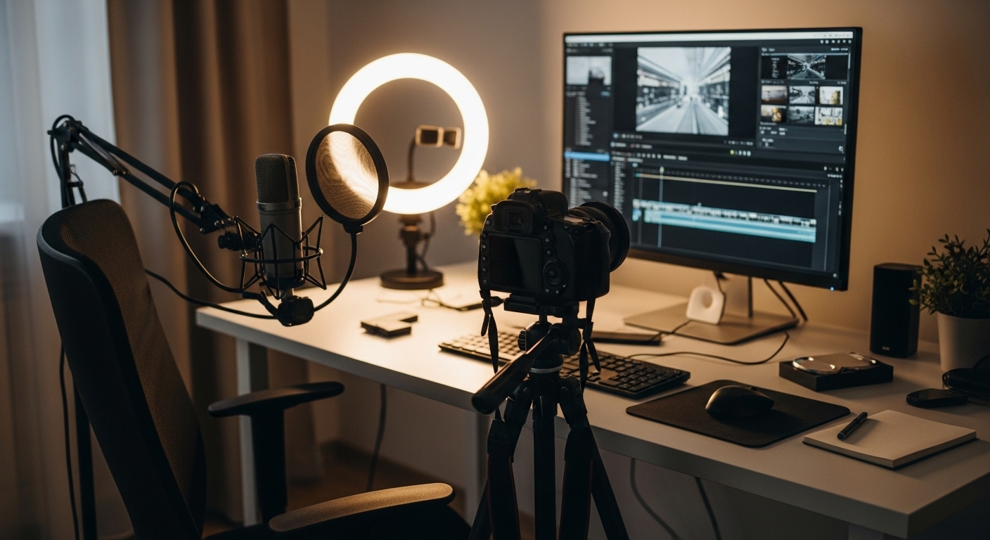 Setup làm video chuyên nghiệp với máy ảnh, mic, đèn ring và màn hình chỉnh sửa, minh họa cách kiếm tiền trên Youtube hiệu quả.