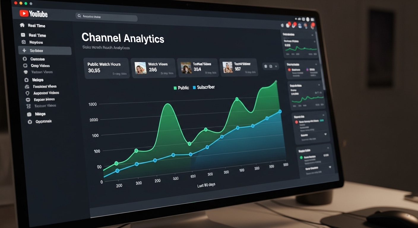 Màn hình YouTube Analytics hiển thị đồ thị tăng trưởng lượt xem và người đăng ký, minh họa việc đạt các điều kiện bật kiếm tiền Youtube.