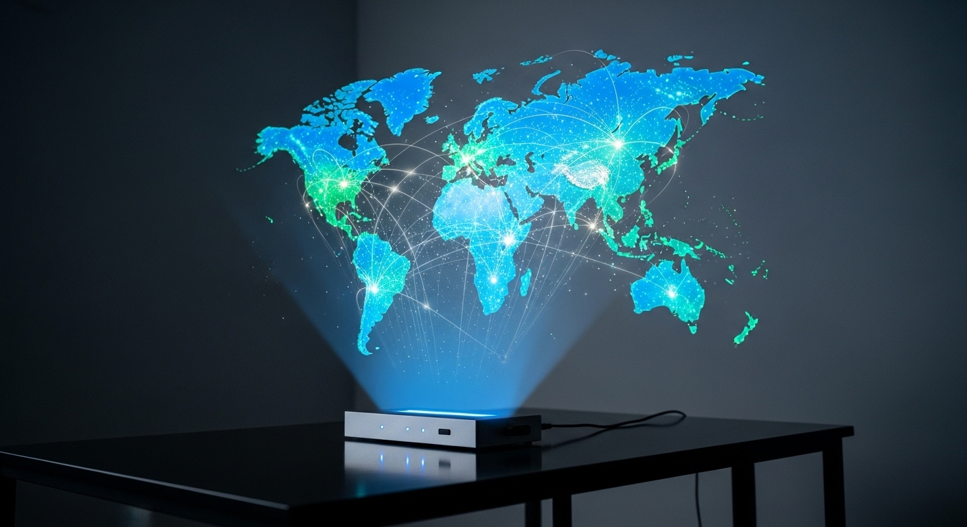 Ảnh chiếu hologram bản đồ thế giới chi tiết với các kết nối số, tượng trưng cho phạm vi tiếp cận kỹ thuật số toàn cầu và tiềm năng cách kiếm tiền trên YouTube.