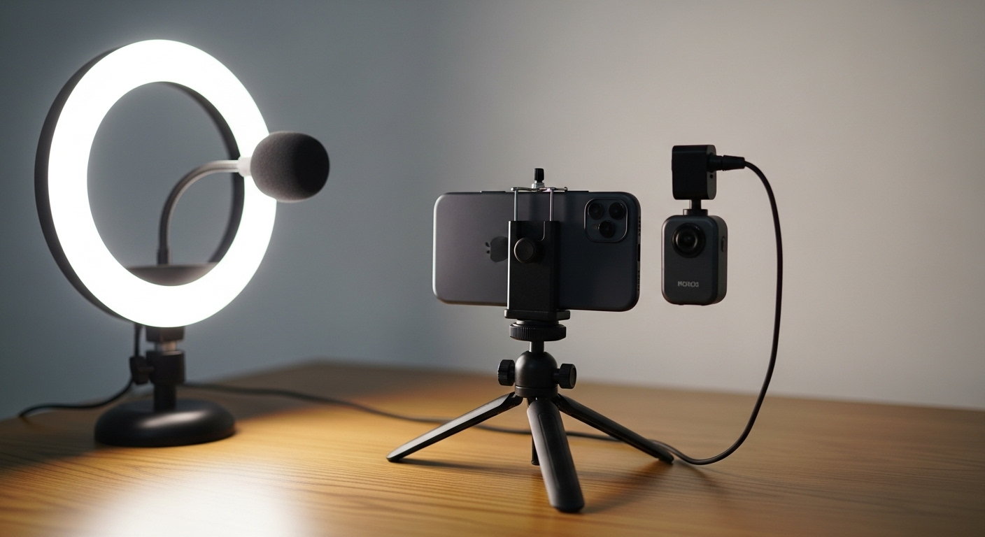 điện thoại thông minh, micro rời và đèn vòng trên bàn gỗ, sẵn sàng quay video.
