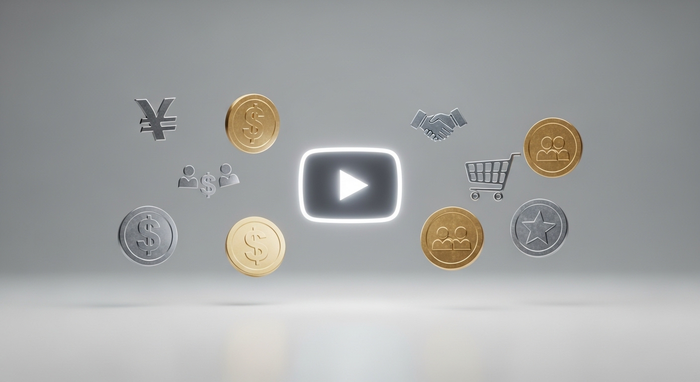 Nút YouTube phát sáng được bao quanh bởi các biểu tượng thu nhập đa dạng (đô la, giỏ hàng, hợp tác, thành viên), minh họa tiềm năng kiếm tiền từ video sau khi bạn biết cách tạo kênh YouTube.