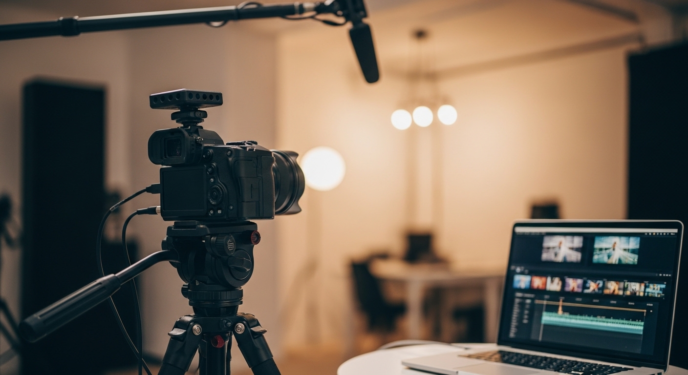 Thiết lập studio chuyên nghiệp với máy quay, micro và laptop chỉnh sửa video để kiếm tiền từ Youtube hiệu quả.