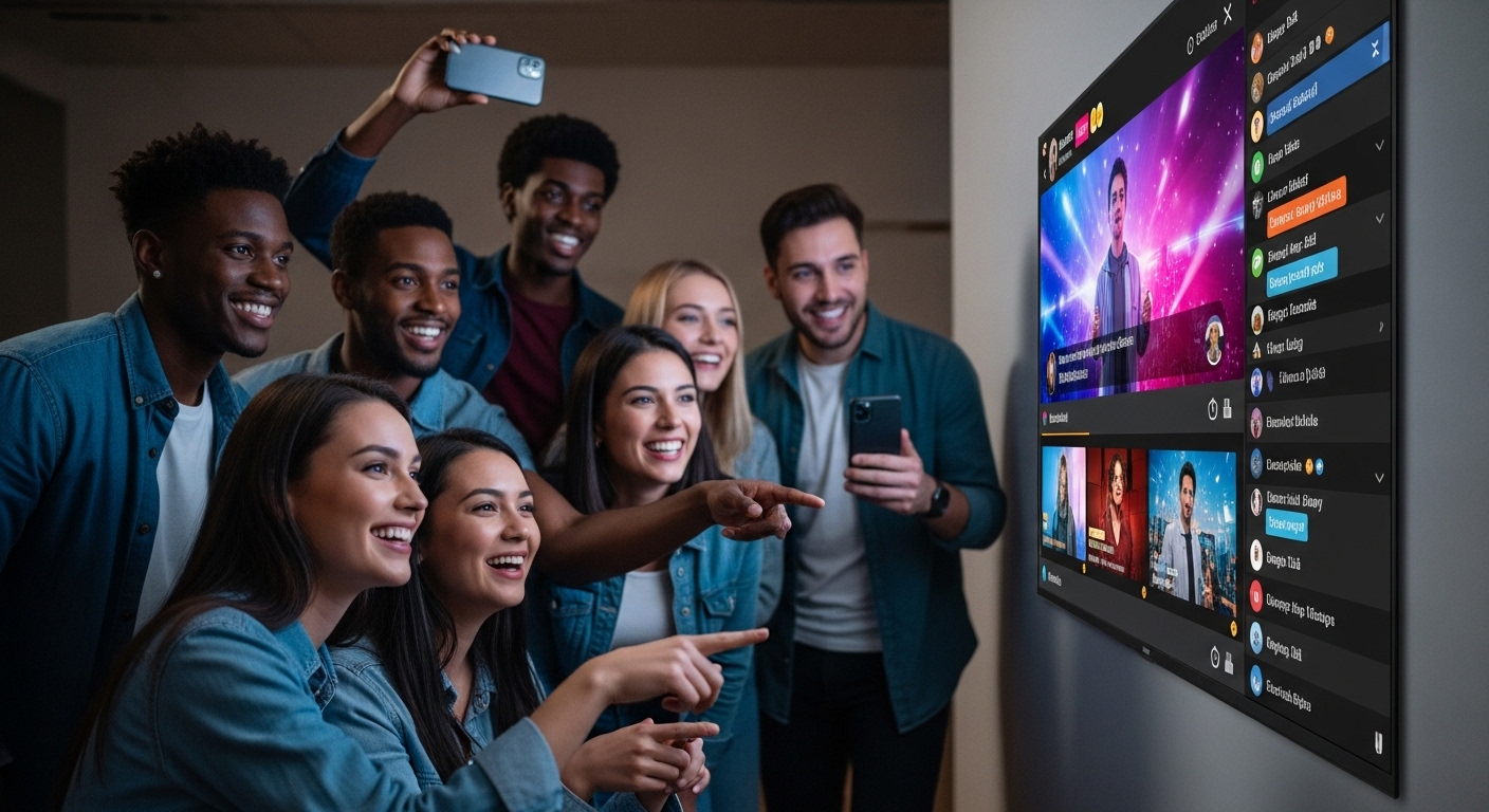 Nhóm người trẻ đa dạng, tương tác hứng thú khi xem livestream có bình luận sôi nổi trên màn hình lớn, tìm hiểu cách kiếm tiền trên YouTube.