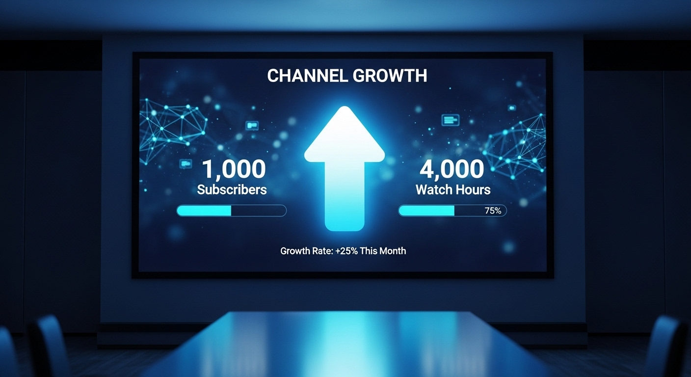 Đồ họa thông tin sống động minh họa lộ trình tăng trưởng kênh YouTube, với các cột mốc 1000 người đăng ký và 4000 giờ xem cần thiết để cách bật kiếm tiền Youtube.