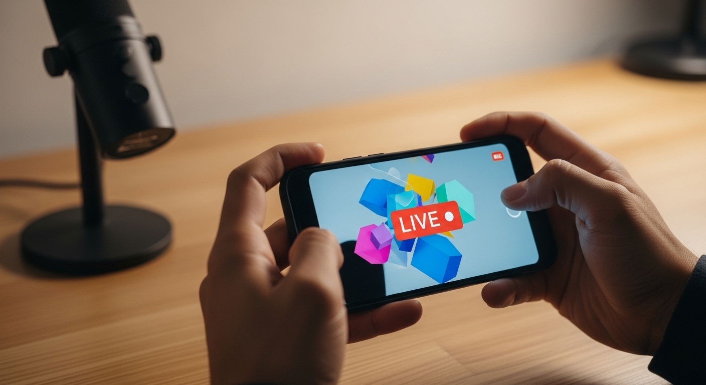 Bàn tay giữ điện thoại ngang quay video ngắn với đồ họa sống động, minh họa cách kiếm tiền trên Facebook bằng việc sáng tạo nội dung hấp dẫn.