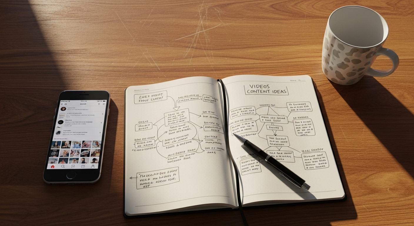 Bàn gỗ với sổ ghi chép mở ra ghi chú và sơ đồ tư duy ý tưởng nội dung video. Cạnh đó là điện thoại thông minh, phục vụ việc tìm kiếm hoặc thực hiện cách làm YouTube trên điện thoại.