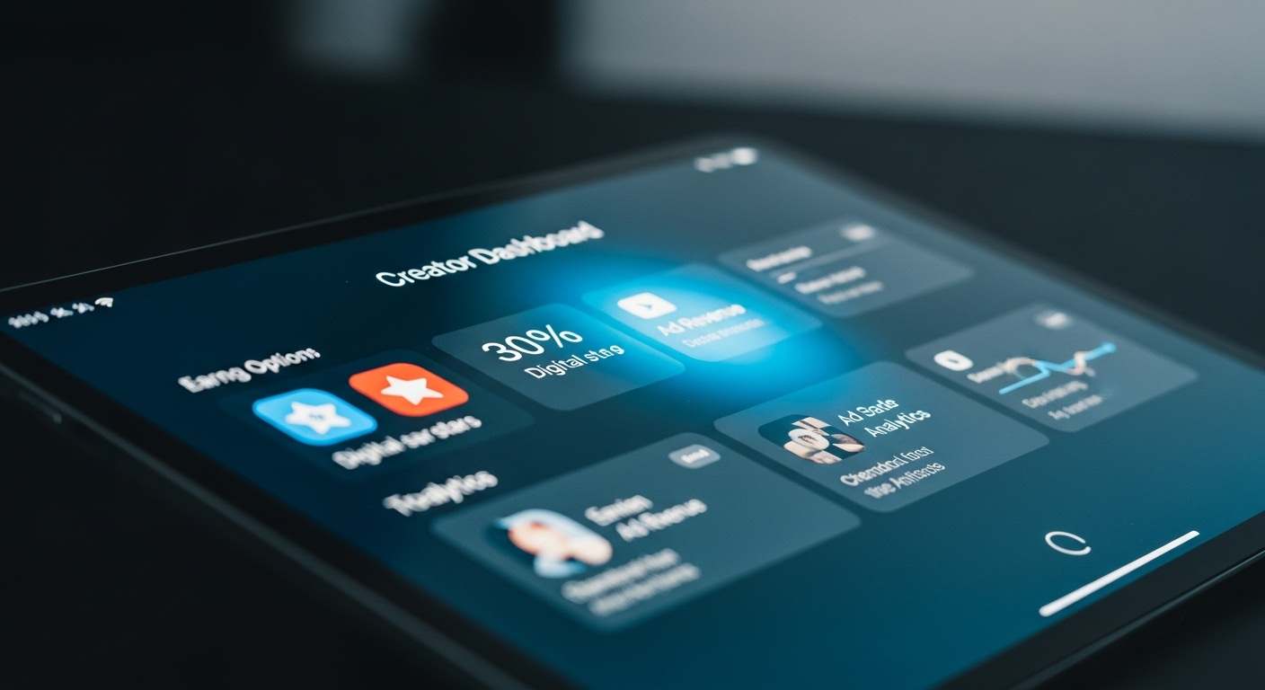Màn hình máy tính bảng hiển thị Creator Dashboard trực quan với các tùy chọn kiếm tiền như sao, doanh thu quảng cáo và phân tích, minh họa cách bật kiếm tiền từ Facebook cá nhân hiệu quả.