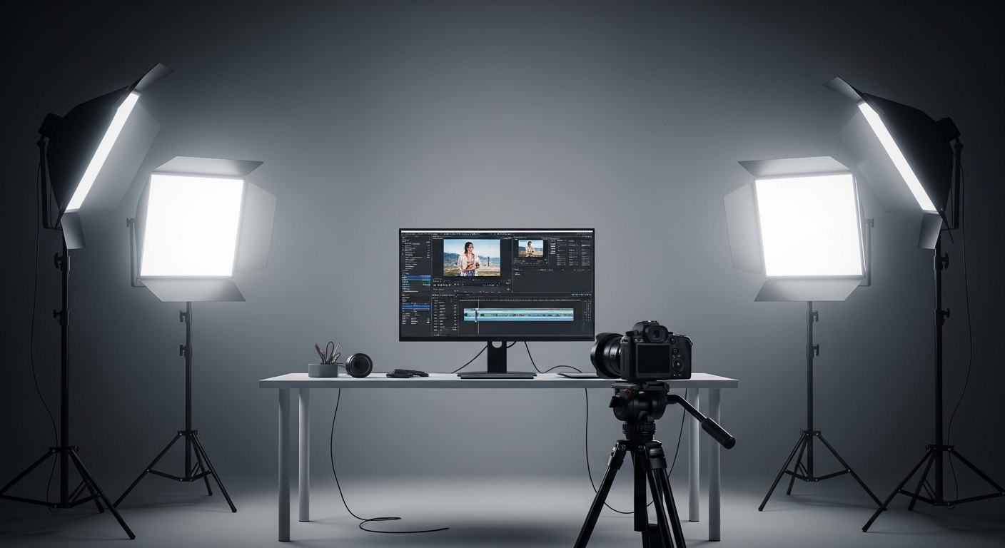 Studio quay dựng video chuyên nghiệp với máy ảnh, màn hình chỉnh sửa, dành cho nhà sáng tạo muốn tìm hiểu cách bật kiếm tiền trên Facebook.