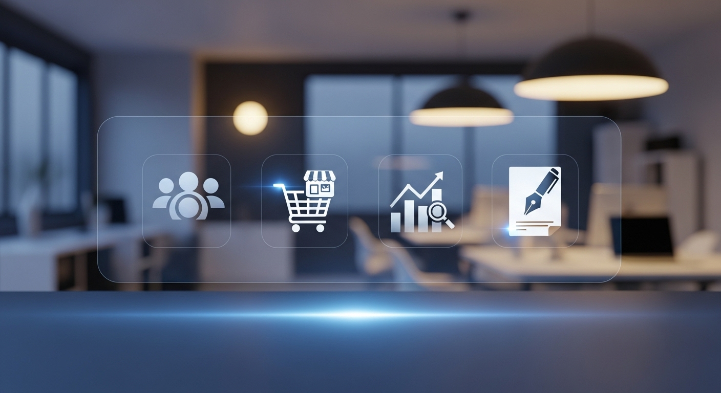 Giao diện số hiện đại với các biểu tượng công cụ kinh doanh online như cộng đồng, sàn giao dịch, phân tích và sáng tạo, minh họa cách kiếm tiền trên Facebook hiệu quả.