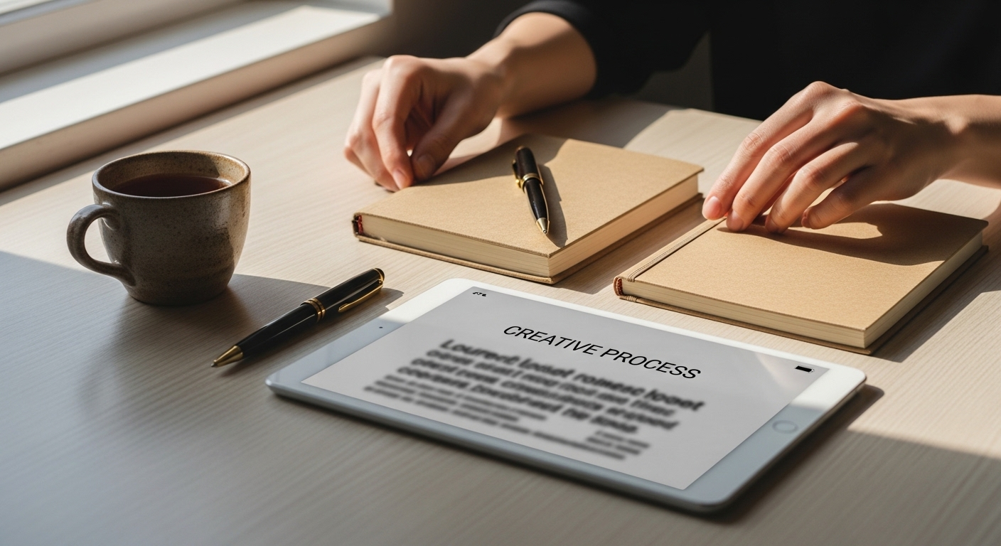 Bàn làm việc với sổ, bút, trà và máy tính bảng hiển thị blog post, chuẩn bị cho việc kiếm tiền trên facebook với affiliate marketing.