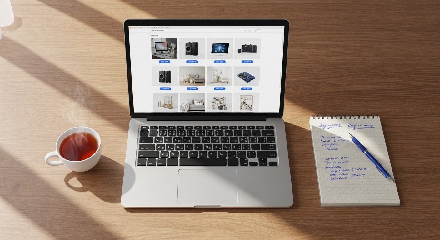 Bàn làm việc gọn gàng với laptop hiển thị trang web bán hàng online, gợi ý cách kiếm tiền trên FB hiệu quả, cùng ghi chú và tách trà ấm.