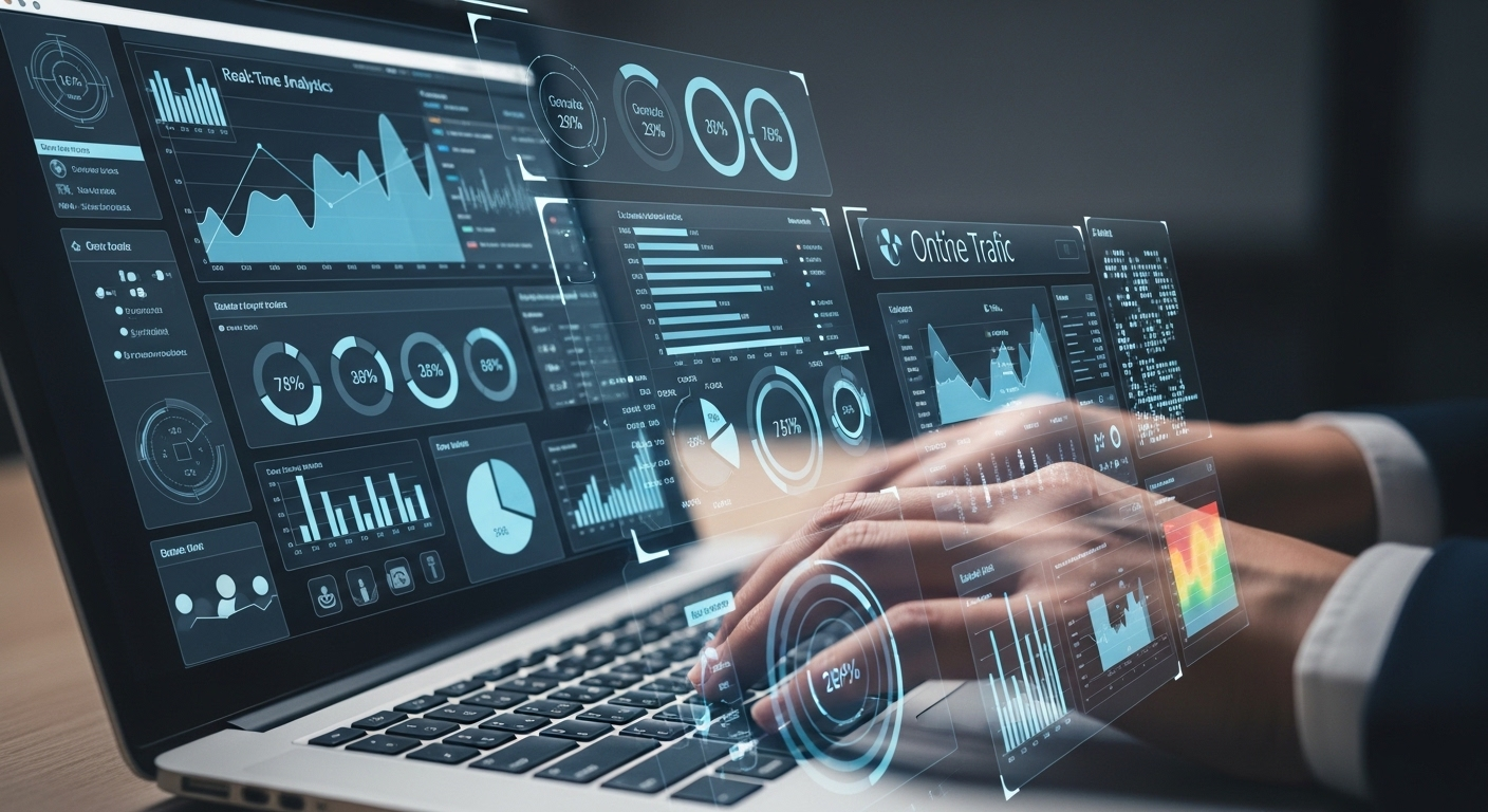 Tay đang gõ laptop, màn hình hiển thị biểu đồ và số liệu phân tích chuyên sâu, phục vụ hoạch định chiến lược cách kiếm tiền trên Facebook hiệu quả.