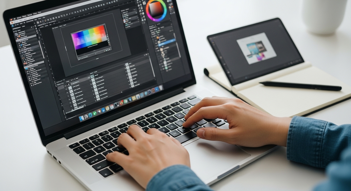 Tay đang thiết kế đồ họa chuyên nghiệp trên laptop, thể hiện cách kiếm tiền trên Facebook từ các dịch vụ sáng tạo.