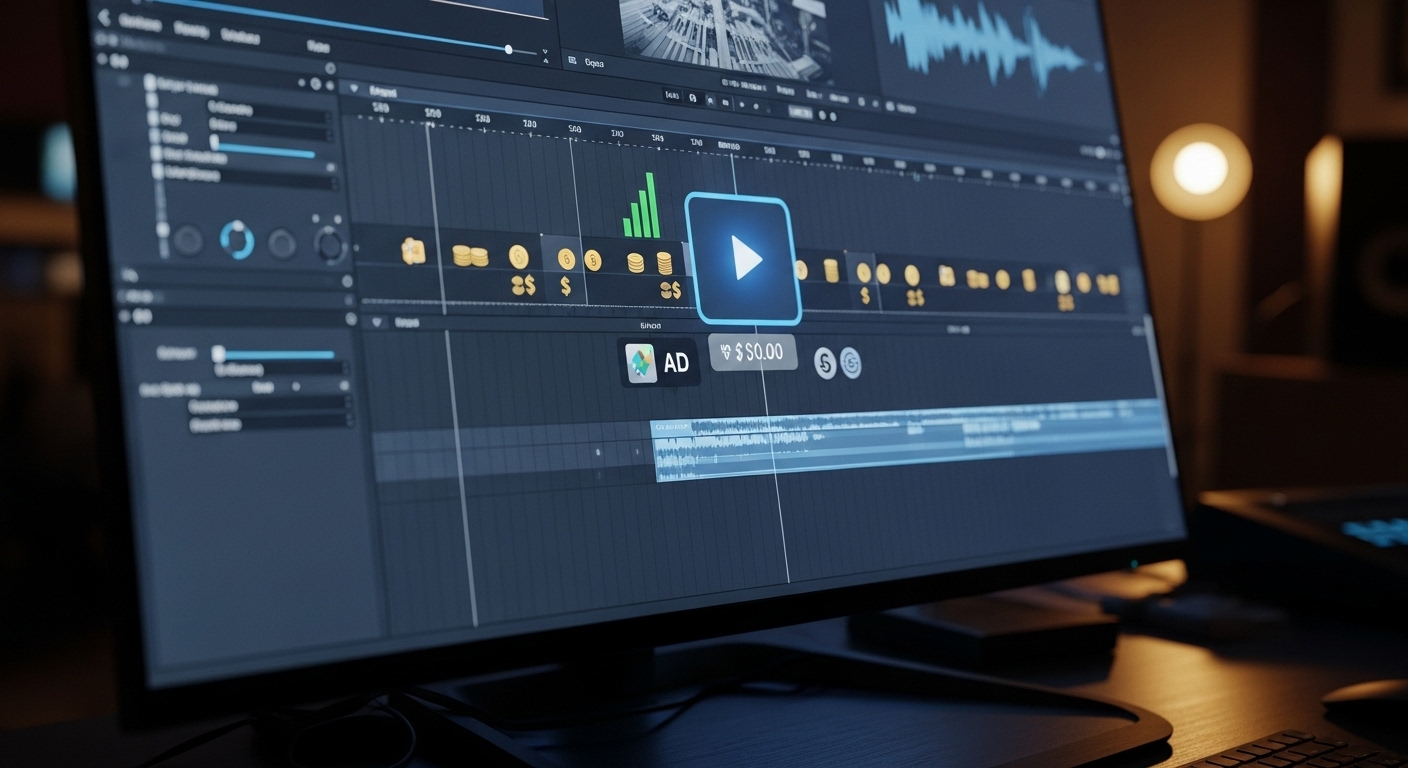 Màn hình chỉnh sửa video chuyên nghiệp hiển thị timeline với các biểu tượng kiếm tiền sáng, hướng dẫn cách bật kiếm tiền trên Facebook hiệu quả.