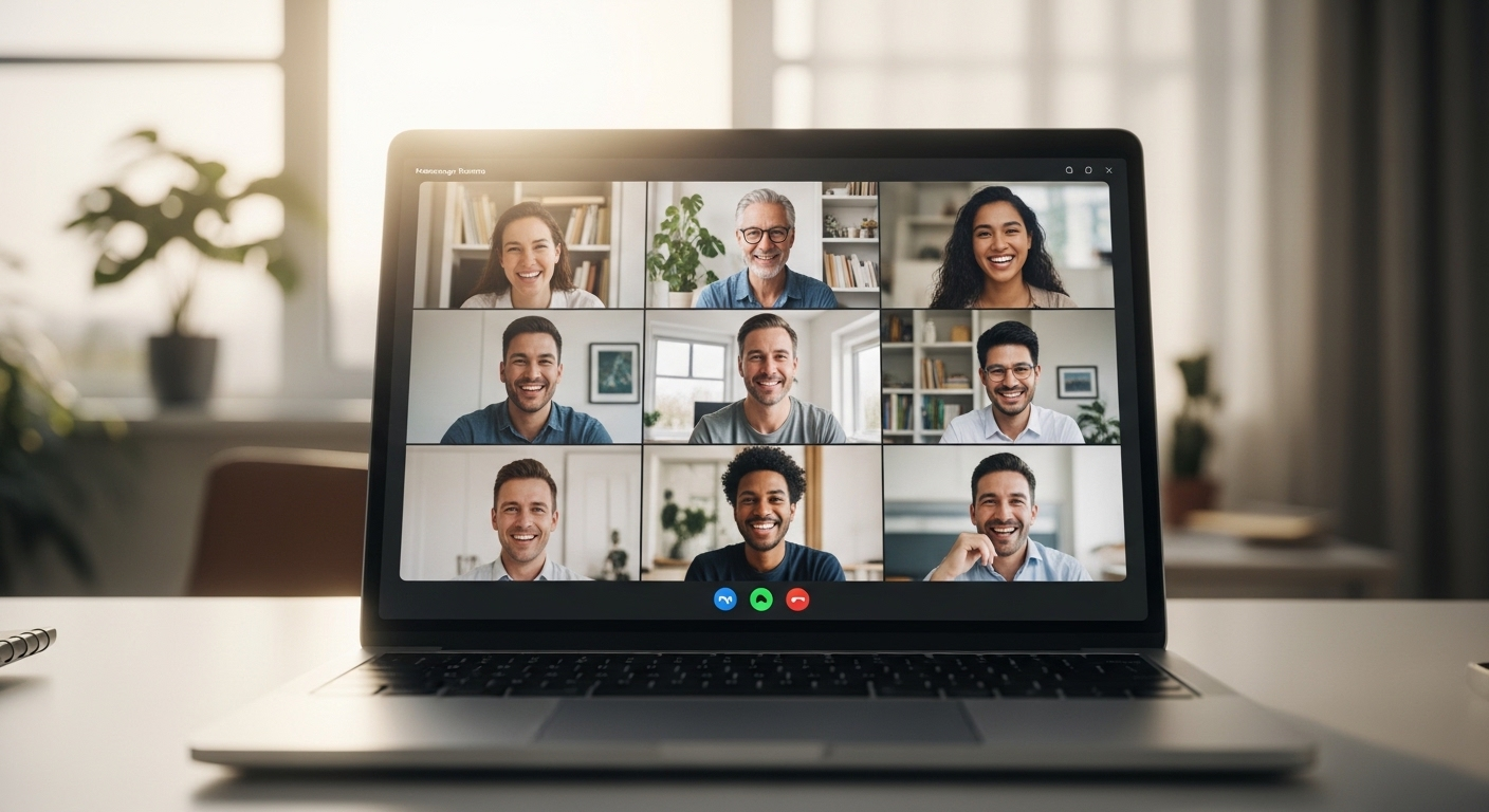 Màn hình laptop hiển thị cuộc gọi video nhóm sôi động qua Messenger Rooms, minh họa cách tạo nhóm trên Messenger để kết nối và làm việc từ xa hiệu quả trong không gian văn phòng tại nhà sáng sủa.