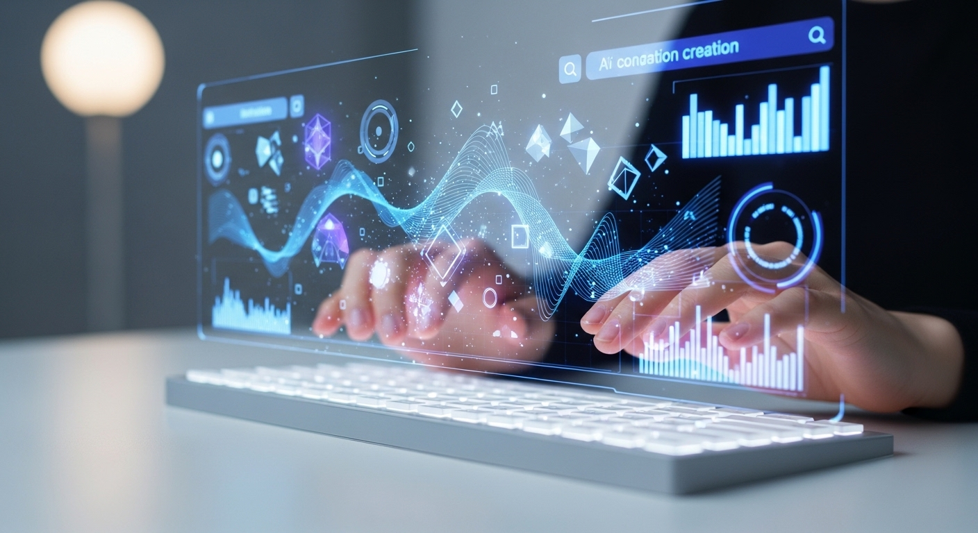 Bàn tay lướt trên bàn phím hologram, tạo video và nội dung AI trên màn hình tương lai, minh họa cách tạo video Veo 3 trên Canva.