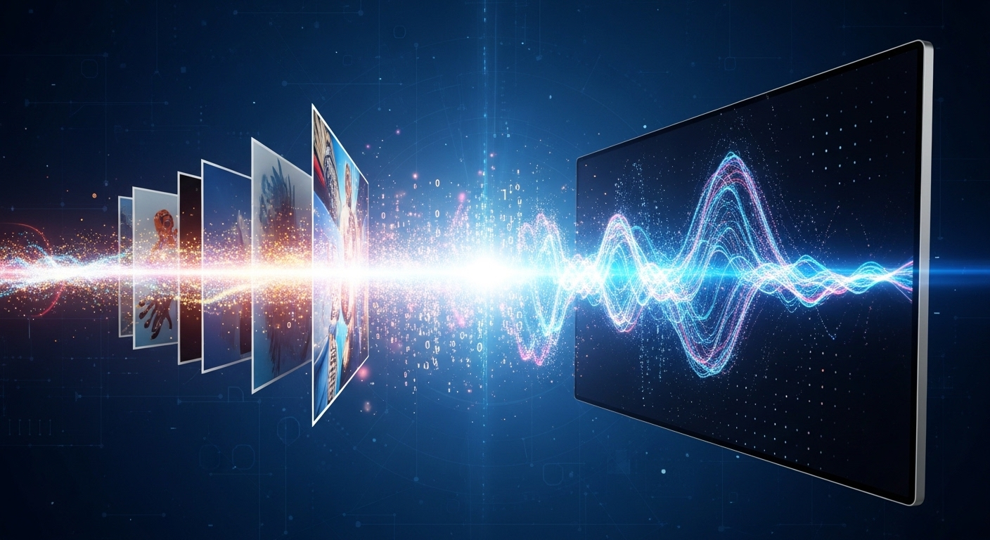 Dòng dữ liệu và ánh sáng chuyển hóa từ ảnh tĩnh thành video sống động trên màn hình, minh họa khả năng tạo video từ ảnh trong Canva AI một cách dễ dàng.