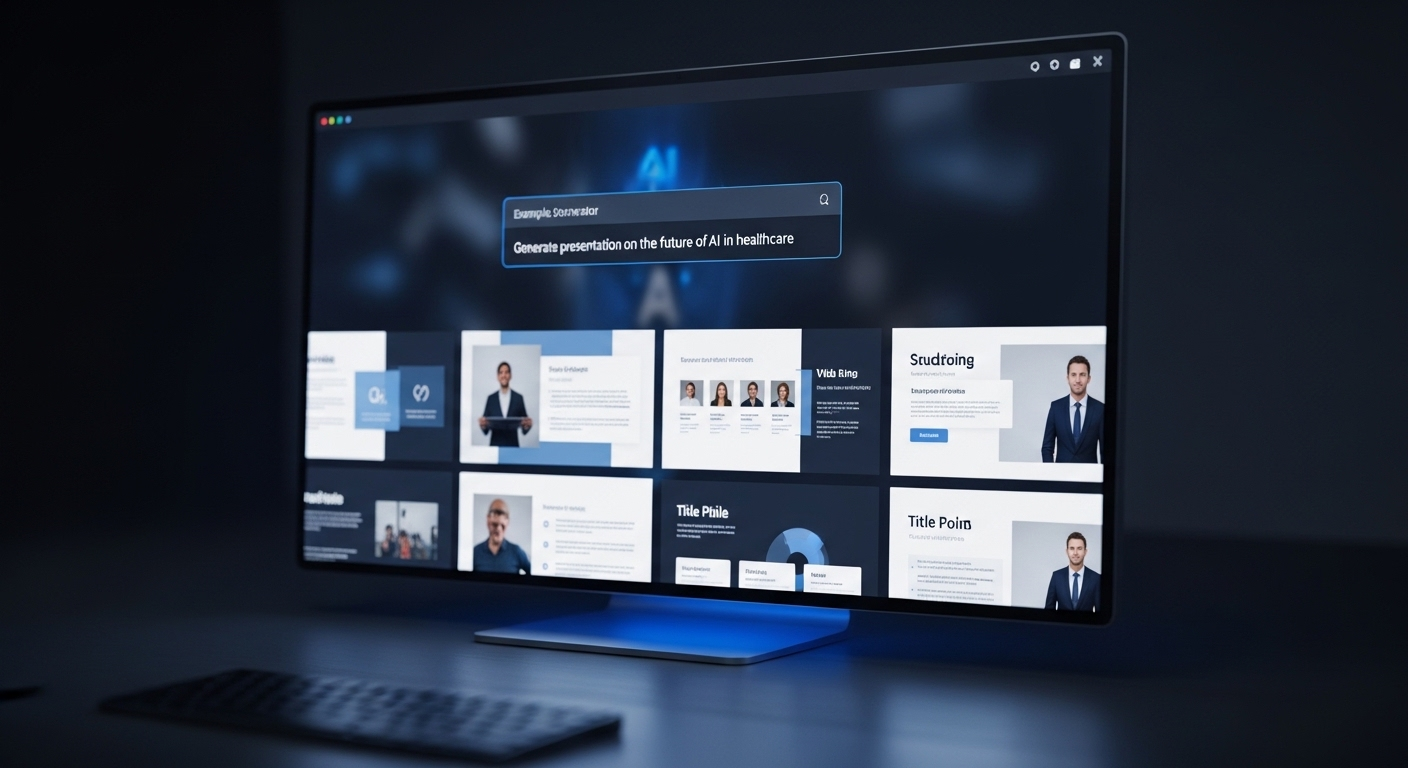 Màn hình máy tính hiển thị công cụ AI tạo slide thuyết trình chuyên nghiệp từ prompt, với bố cục slide tự động. Hình ảnh này minh họa hiệu quả khi áp dụng hướng dẫn tạo slide thuyết trình bằng Canva AI để tạo bài thuyết trình nhanh chóng.