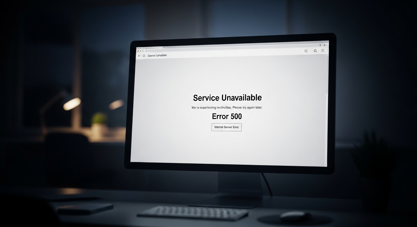 Màn hình máy tính hiển thị thông báo lỗi 'Service Unavailable' trong phòng tối, một tình huống thường gặp khi cần khắc phục Canva bị lỗi hoặc sự cố ứng dụng.