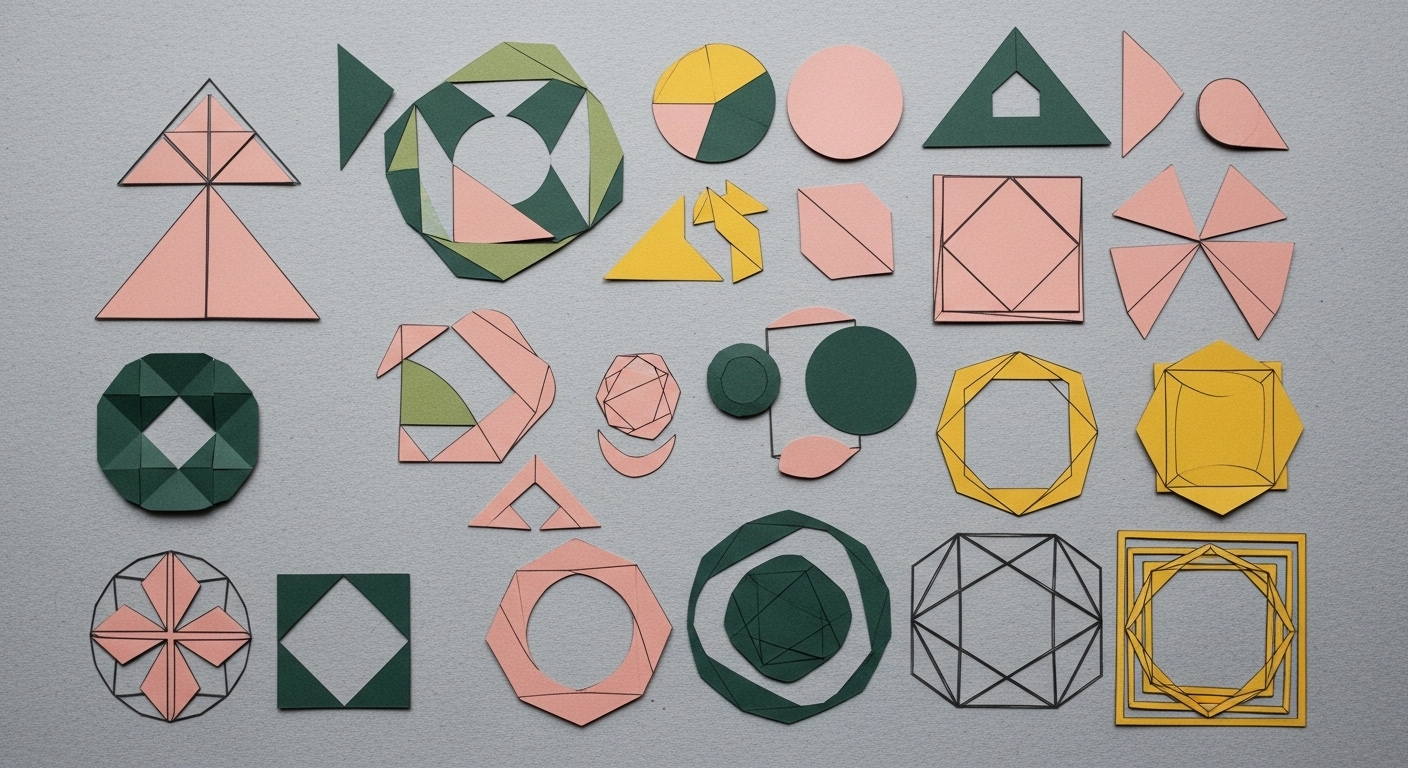 Bộ sưu tập các hình dạng giấy hình học được cắt tỉ mỉ, đa dạng về màu sắc và kiểu dáng (có cả dạng đặc và có viền), sắp đặt hài hòa trên nền bảng màu xám có vân. Hình ảnh này minh họa rõ nét sự phong phú về hình thức, gợi ý về cách sử dụng Canva icon để tạo nên các bố cục thiết kế chuyên nghiệp và cân đối.