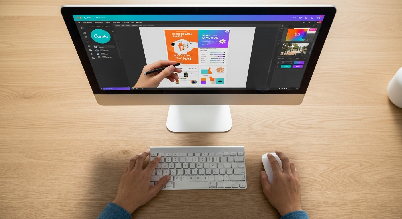 Tay người đang thiết kế poster đầy màu sắc trên máy tính bằng ứng dụng Canva, thể hiện sự dễ dàng sáng tạo khi bạn tải Canva về máy tính.