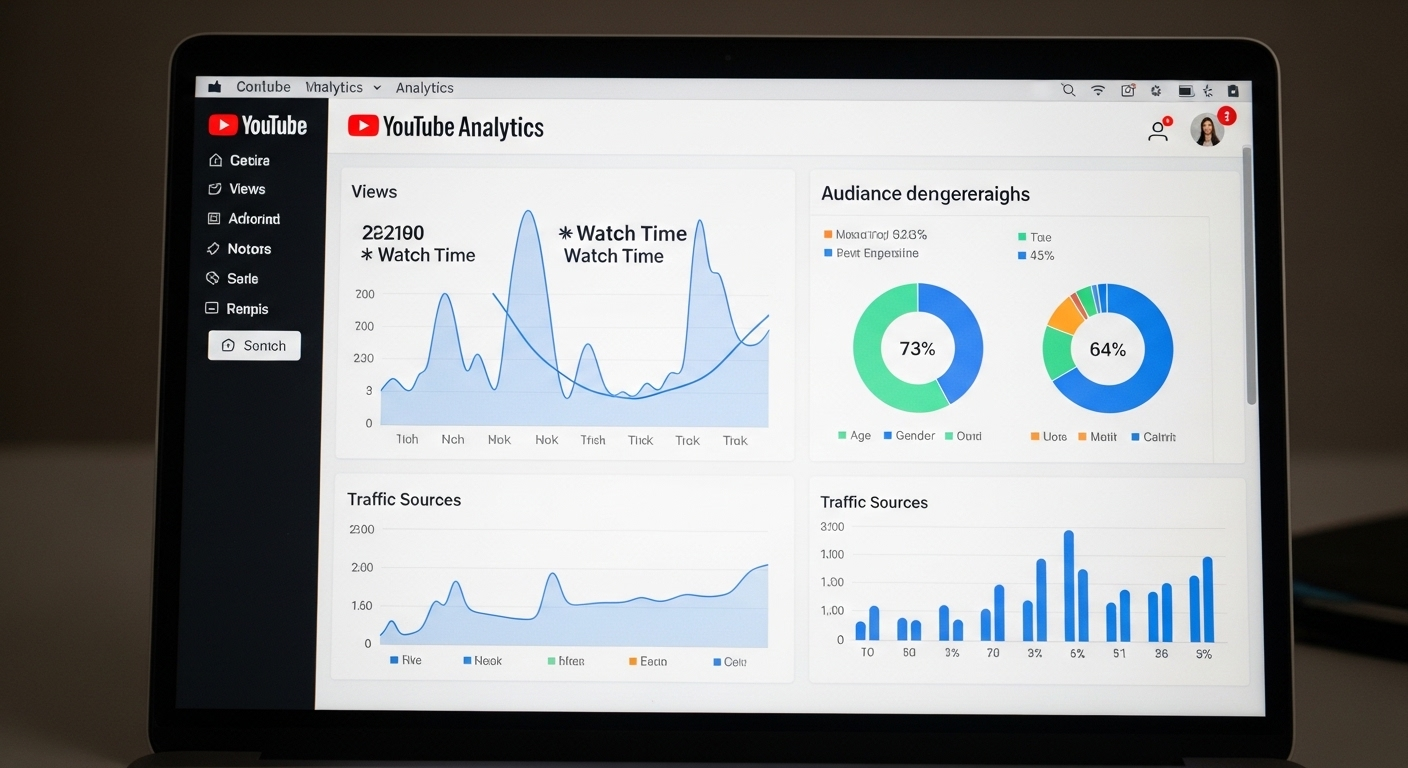 Màn hình laptop hiển thị bảng YouTube Analytics với các biểu đồ tăng trưởng lượt xem, thời gian xem và nhân khẩu học, cung cấp dữ liệu quan trọng để tối ưu hóa cách tăng view Youtube.