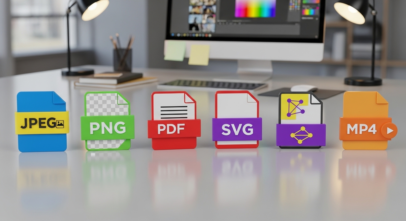 Các biểu tượng định dạng tệp kỹ thuật số như JPEG, PNG, PDF, SVG, MP4 trong không gian làm việc thiết kế. Minh họa các lựa chọn định dạng khi tìm hiểu cách lưu ảnh trên Canva.