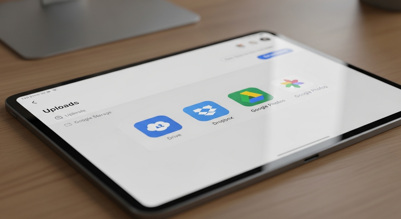 Màn hình máy tính bảng hiển thị giao diện 'Tải lên' của ứng dụng thiết kế, với biểu tượng Google Drive, Dropbox, Google Photos, cho phép dễ dàng chèn ảnh vào Canva từ dịch vụ lưu trữ đám mây. Thiết bị đặt trên bàn tối giản.