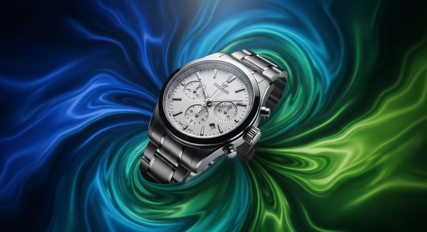 Đồng hồ đeo tay bạc bóng bẩy, mặt số tinh xảo, nổi bật trên nền trừu tượng xanh lục lam xoáy mờ ảo. Ảnh được tách nền bằng Canva tạo hiệu ứng ấn tượng.