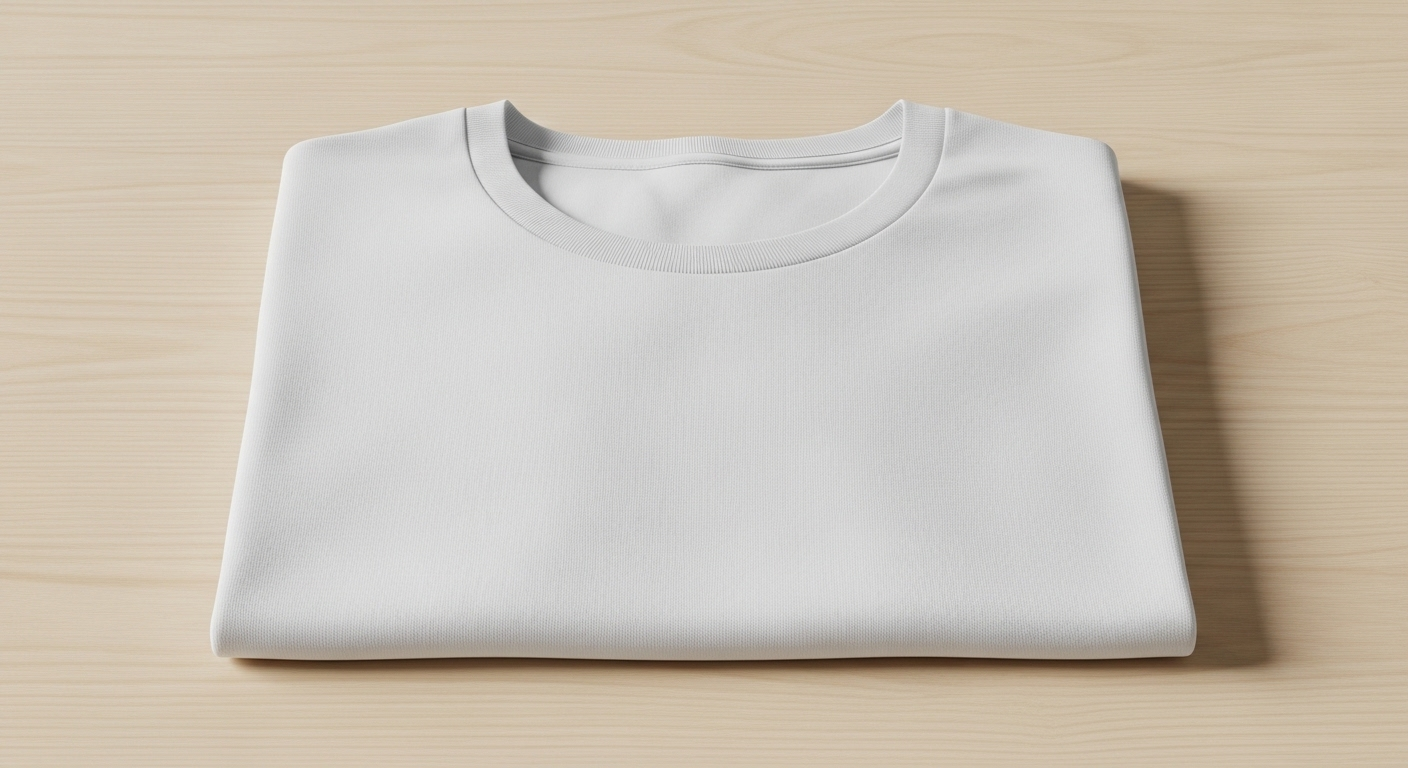 Áo thun cotton trắng trơn, gấp gọn tinh tế trên nền gỗ sáng. Hình ảnh lý tưởng để bạn thực hành cách làm mockup trên Canva chuyên nghiệp.