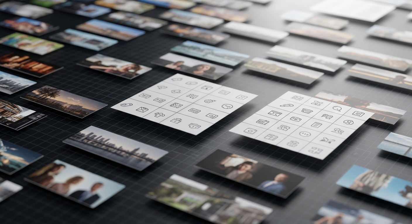 Một thư viện tài nguyên số đa dạng (ảnh, icon, font) được sắp xếp gọn gàng, hữu ích cho cách làm poster trên Canva.